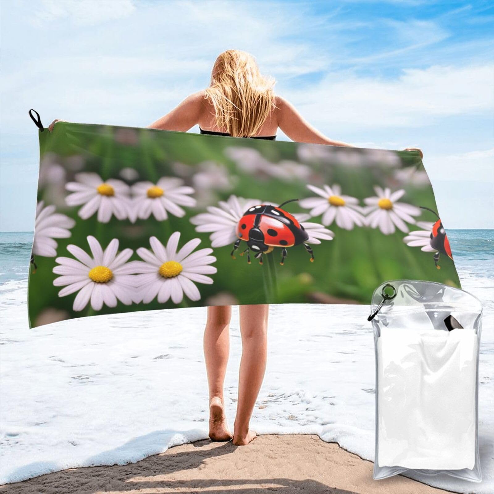 JIUTY Ladybug Daisy Print Fast Dry Beach Towel Portable For Swimming Travel Gym Hiking Gift