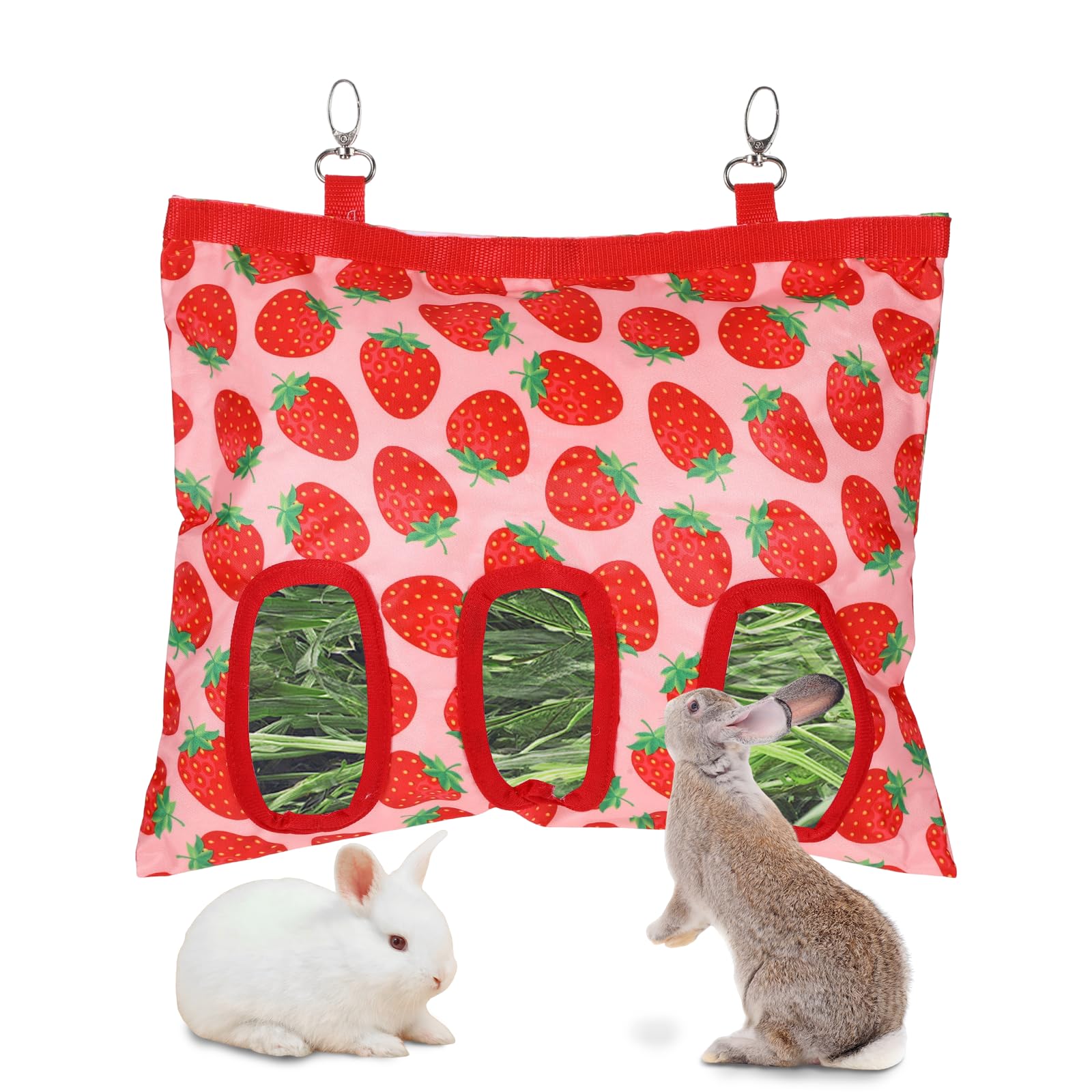Rabbit Hay Feeder, 3 Hole Hanging Hay Bag for Rabbits Guinea Pig Bunny Chinchillas Washable Rabbit Hay Holder 13x10.8inch