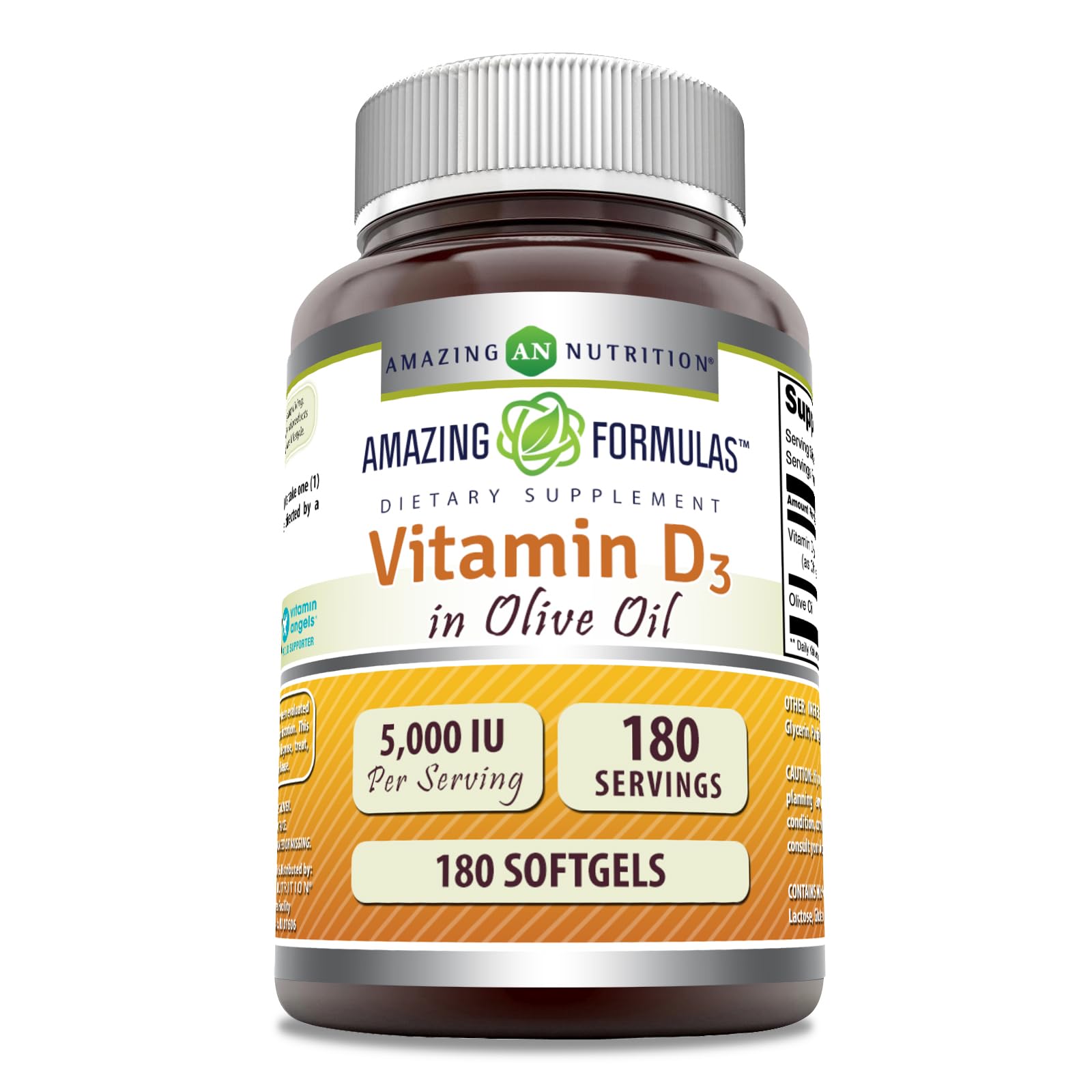 Amazing Formulas Vitamin D3 with Olive Oil 5000 IU Softgels Supplement | Non-GMO | Gluten Free | Made in USA (180 Count)