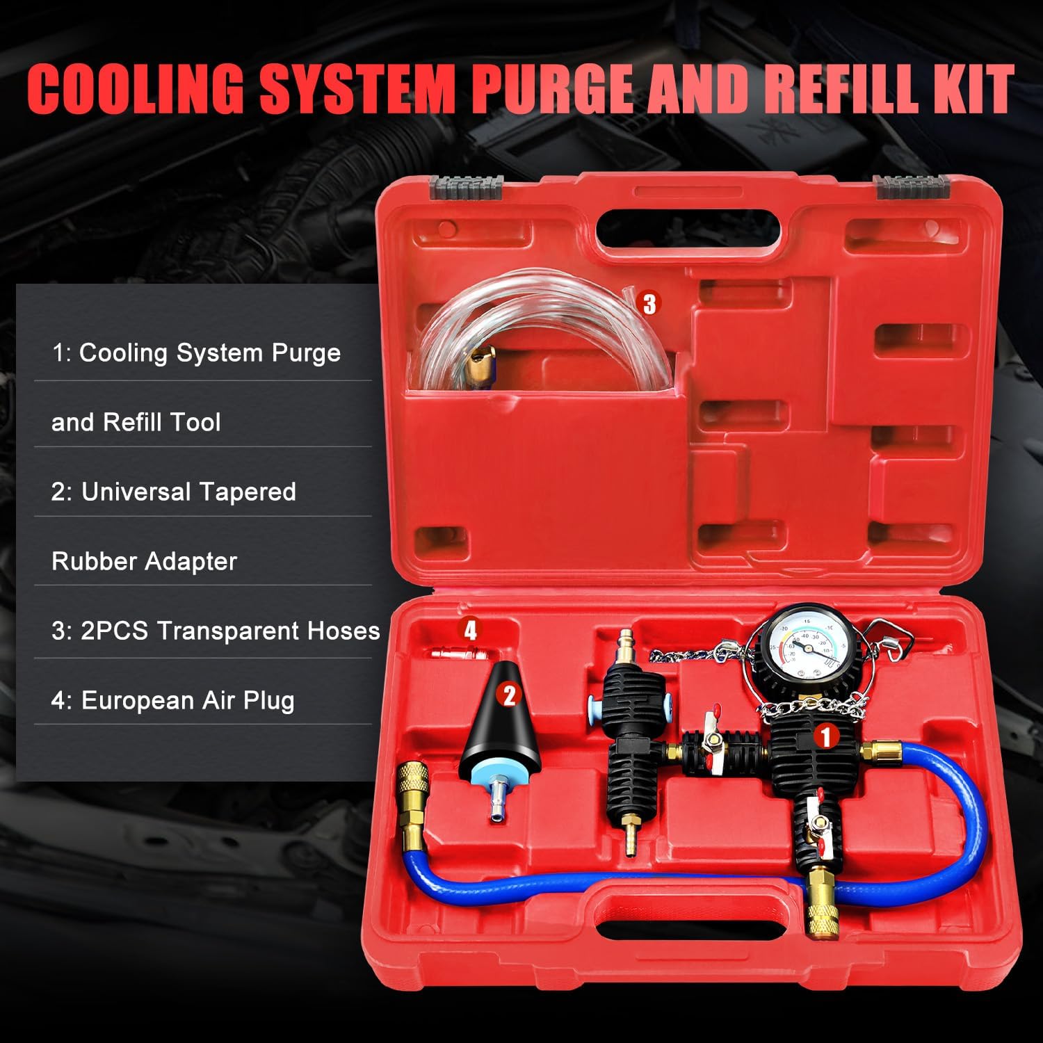 JIFETOR Cooling System Vacuum Purge Radiator Coolant Refill Tool Kit, Universal Automotive Water Tank Pneumatic Vacuum Antifreeze Change Filler Set, with Adapter Case Hose for Car Van SUV Truck