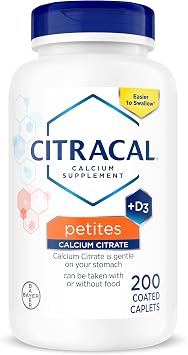 Citracal Petites, 400 mg Calcium Citrate, Easily Absorbed and Highly Soluble with 12.5 mcg 500 IU Vitamin D3, Smaller and Easier to Swallow Caplets, 200 Count