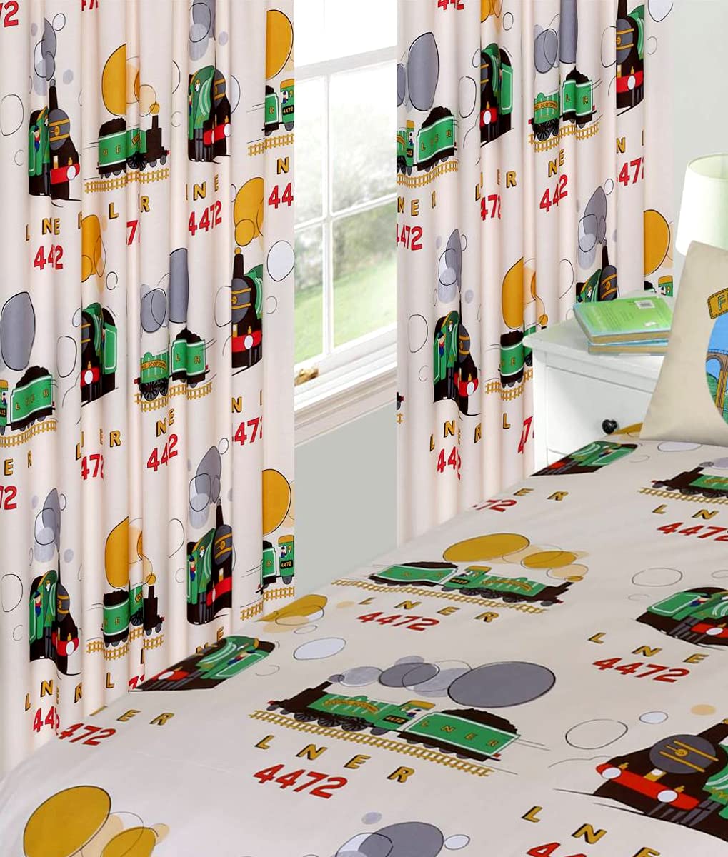 LITTLE FLYING SCOTSMAN 66" x 54", CURTAINS WITH TIE BACKS NOVELTY TRAINS CREAM GREEN LNER 4472