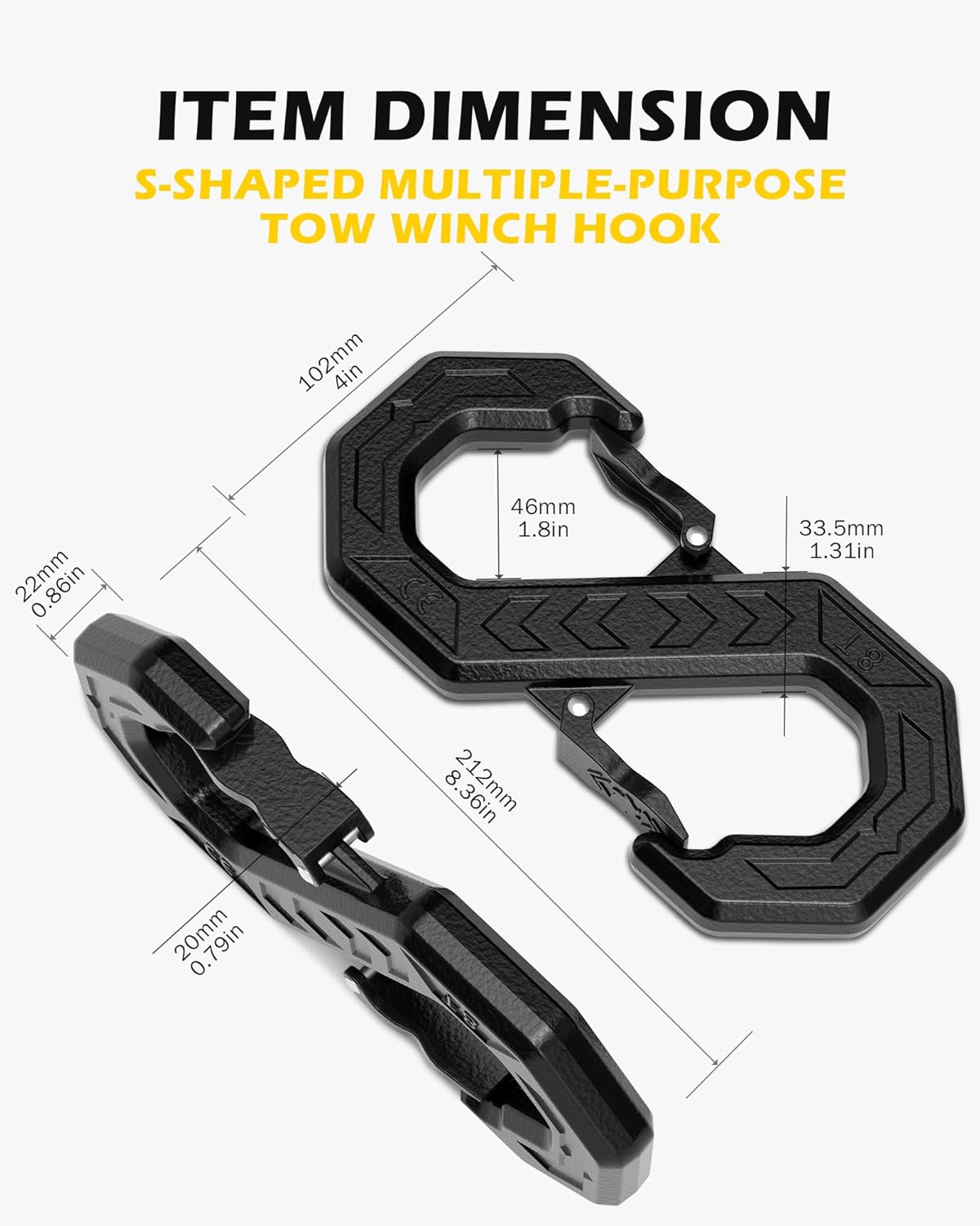 3/8" Tow Hook, S-Shaped Winch Hook, 33,000lbs Breaking Strength, G80 Heavy Duty Forged Steel, Fast Connect Winch Shackle Towing Hook for Trucks, SUVs, ATVs, Trailers, Black
