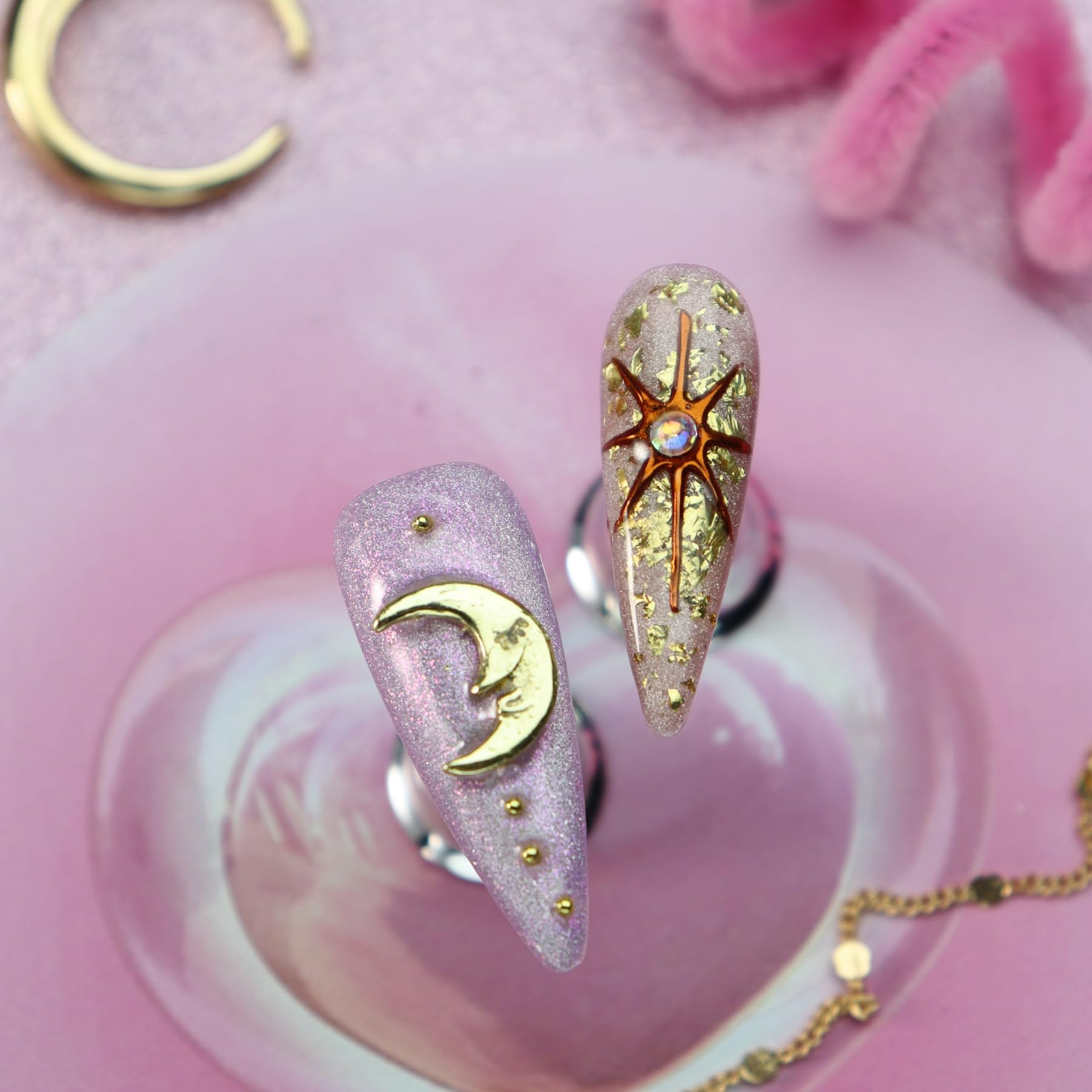 Star Moon - Unghie finte lunghe a stiletto, realizzate a mano, effetto specchio, con glitter, con strass, per donne e ragazze, manicure di lusso (M)