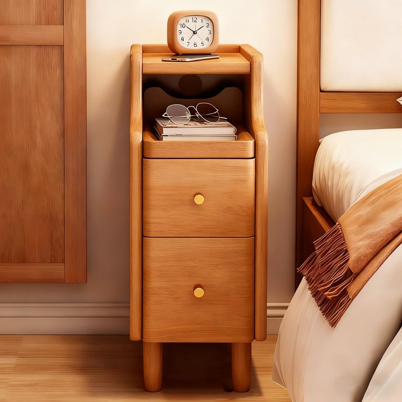 SXZenSpace Narrow Nightstand for Bedroom Solid Wood Bedside Table with 2 Drawers Slim Couch Side End Open Shelf No Assembly Required Yellow 30x40x50cm