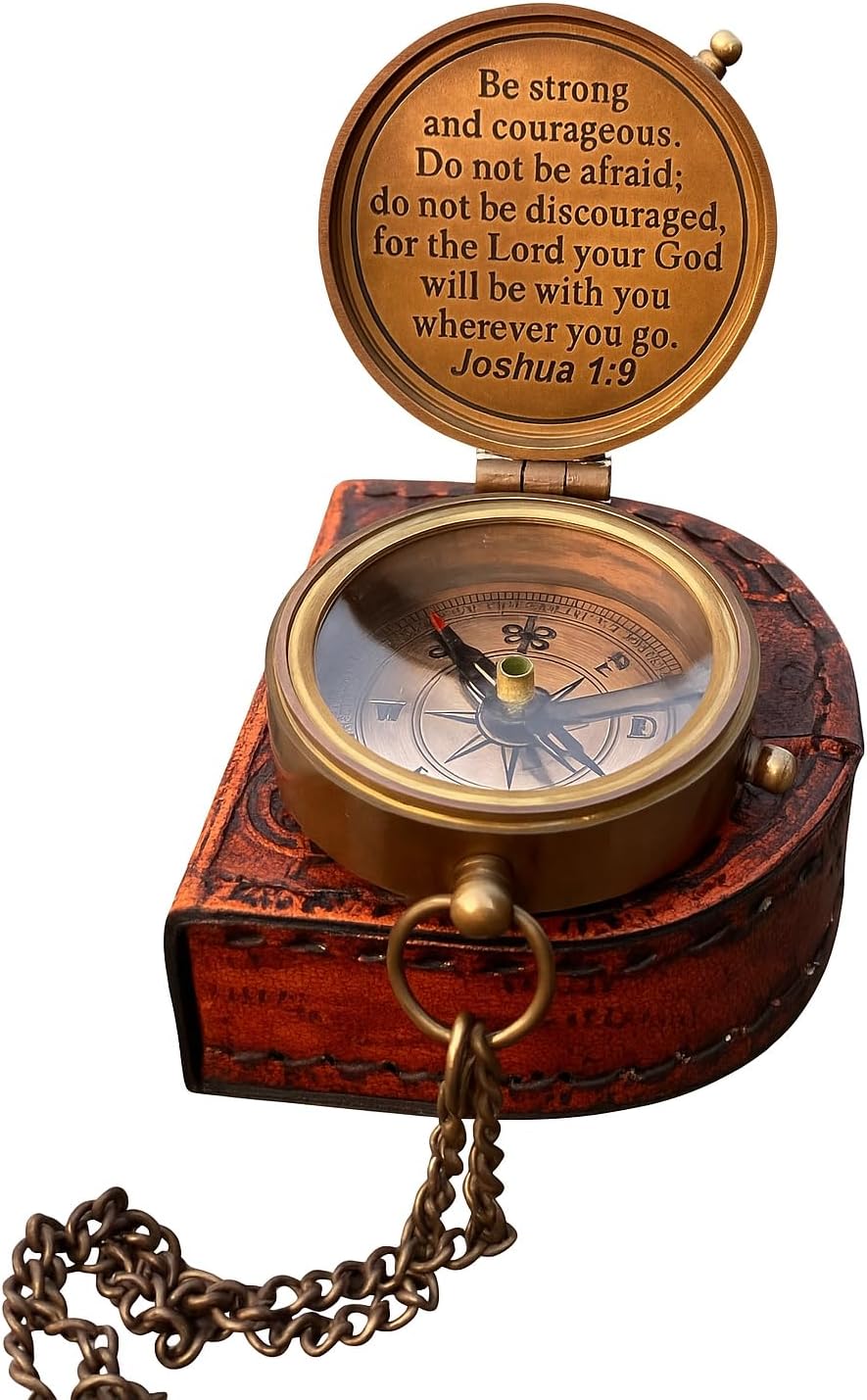 Be Strong and Courageous Engraved Compass | Brass Pocket Compass with Leather Case | Inspirational Gift for Son, Baptism, Graduation, Christian Gift for Men, Confirmation Present
