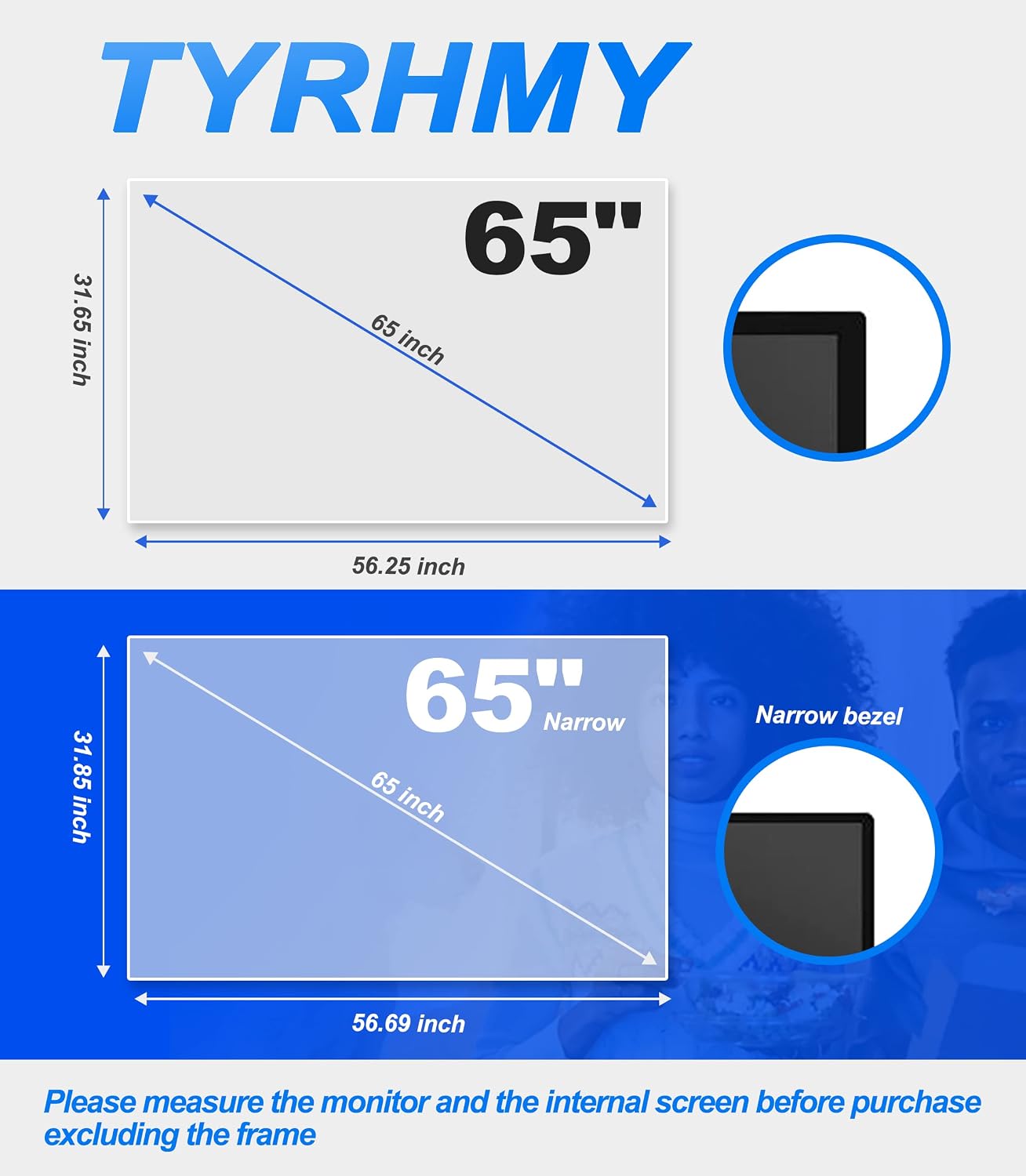 65 inch Anti-Blue Light TV Screen Protector. Damage Protection Panel two sizeFilter Blocking UV & Blue Light from 380 to 495nm. Fits LCD, LED, 4K OLED & QLED HDTV Displays,L56.25*W31.65 In
