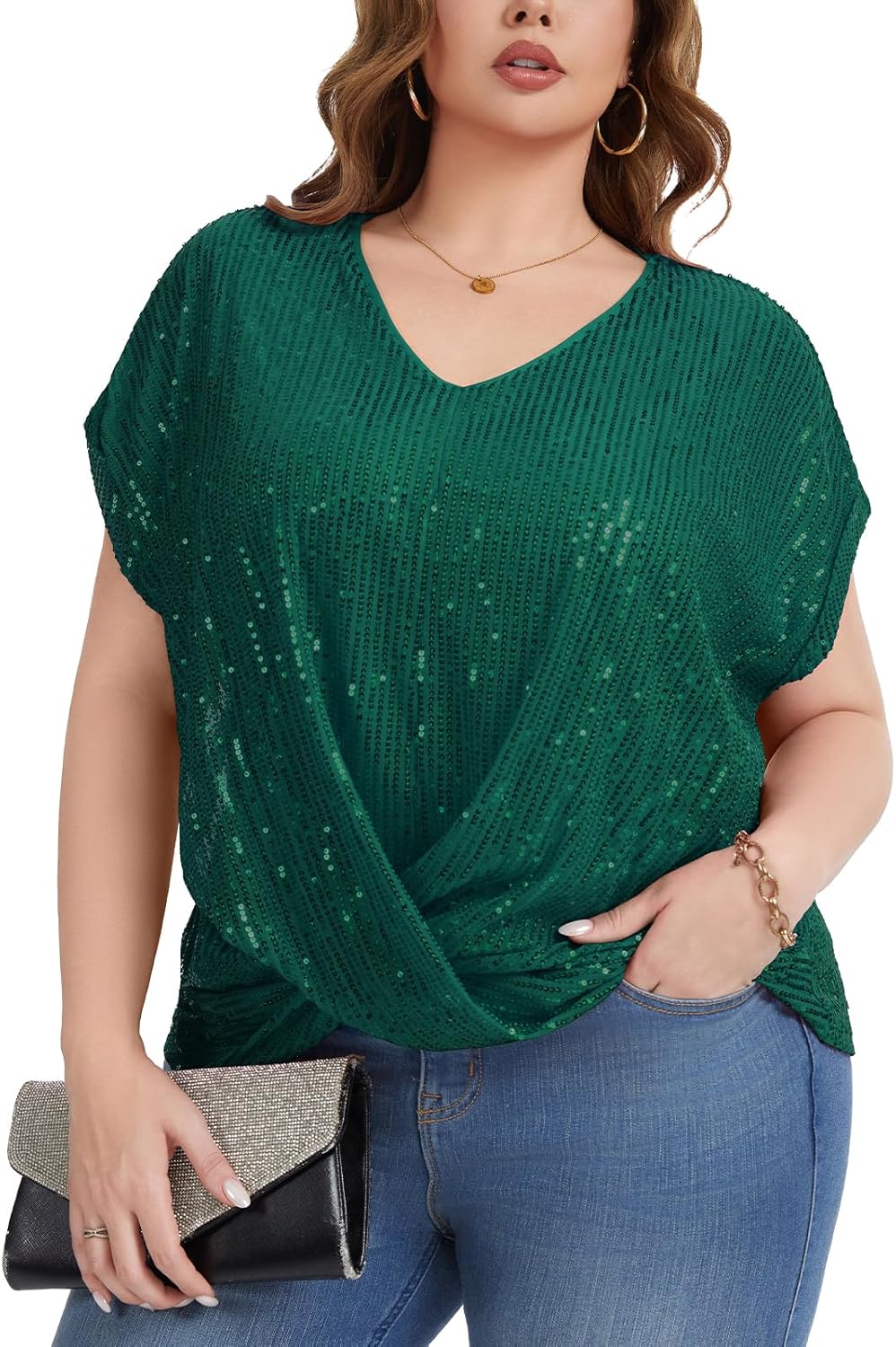 Women's Plus Size Sequin Top Short Batwing Sleeve V Neck Shirts Elegant Dressy Blouses Fully Lined Tunic Tops