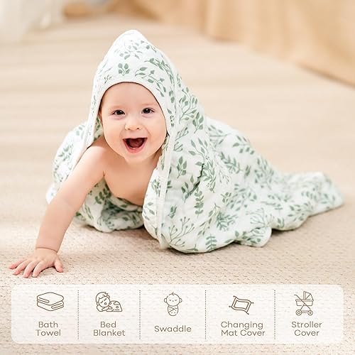 Miniatura 5 de FIEMOL Toallas de baño para bebé, 100% muselina de algodón con capucha para recién nacido, paquete de 2 toallas de bebé con capucha para bebés y
