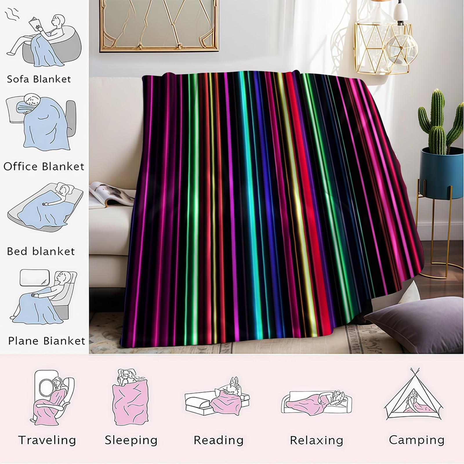 Couverture Polaire Rayures néon 220x240 cm Plaid Flanelle Super Doux et Chaud, Léger et Confortable, Jeté de Canapé, Couverture Voyage Enfant et Adulte, Noir