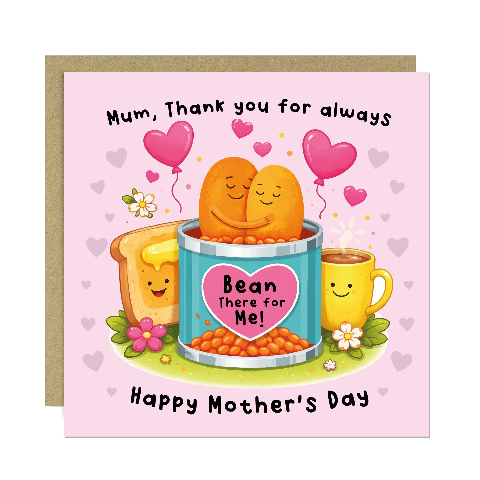 RED OCEAN Mothers Day Card, Thank You For Always Bean There, Thank You Card, Mothers Day Card From Son Or Daughter, Card For Mum, With Kraft Envelope