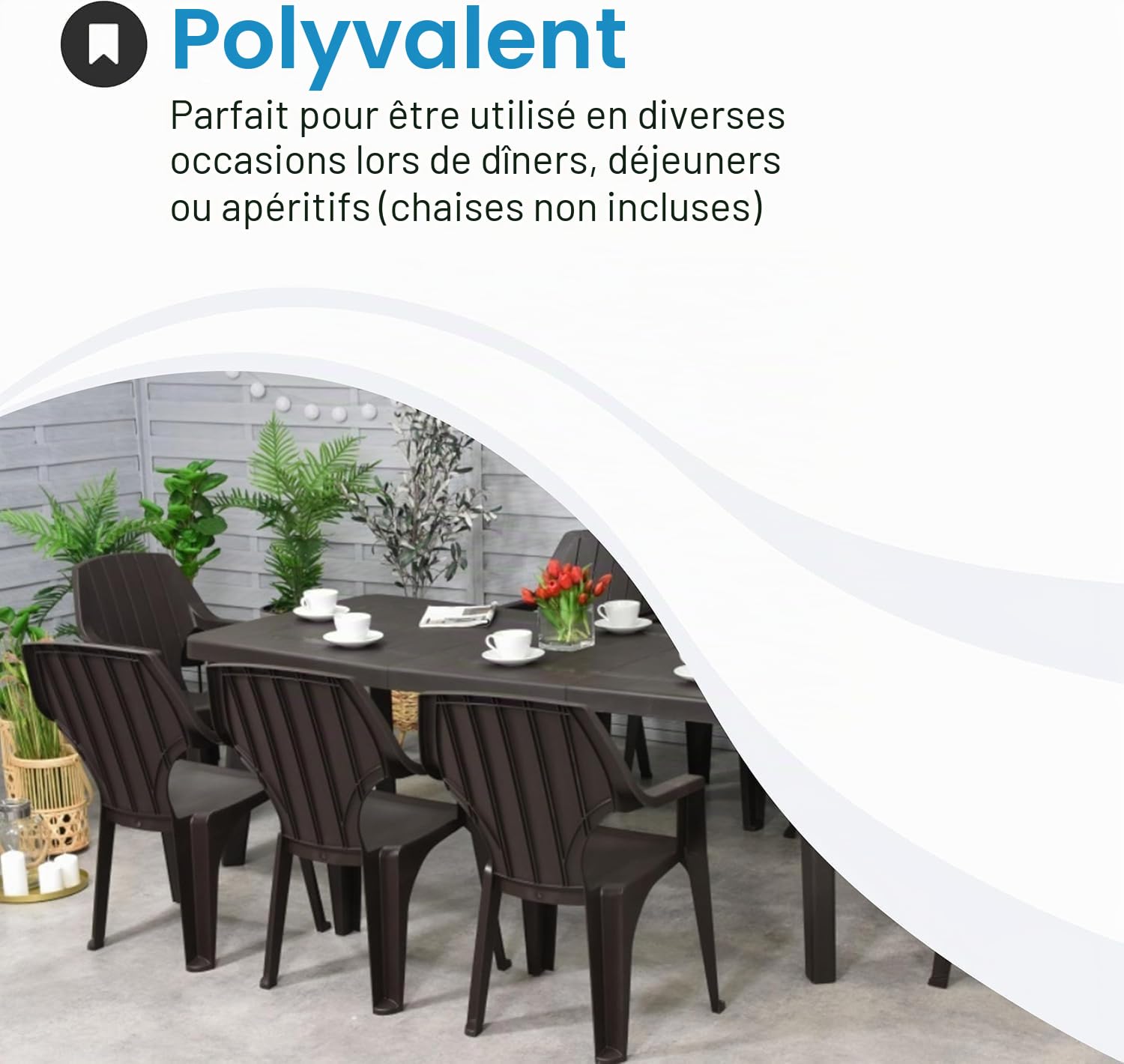 Tomaino - Ensemble de table et 6 chaises de jardin en plastique extensible, avec accoudoirs, empilable, pour l'extérieur, terrasse, salle à manger Norden (Noir)