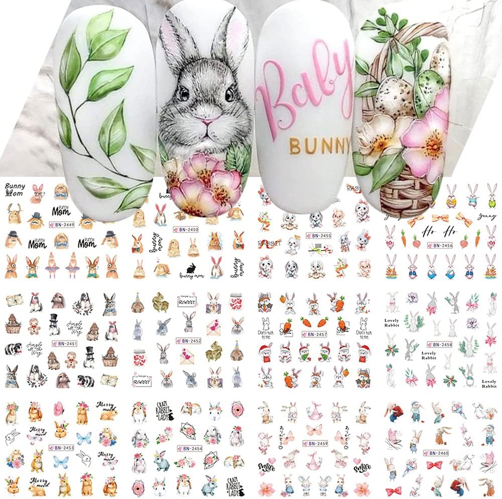 Easter Nail Art Stickers Cute Bunny Water Transfer Nail Decals for Easter Nail Art Supplies Colorful Rabbit Carrot Nail Design for Acrylic Nail Easter Nail Art Decorations for Kids Women 12 Sheets