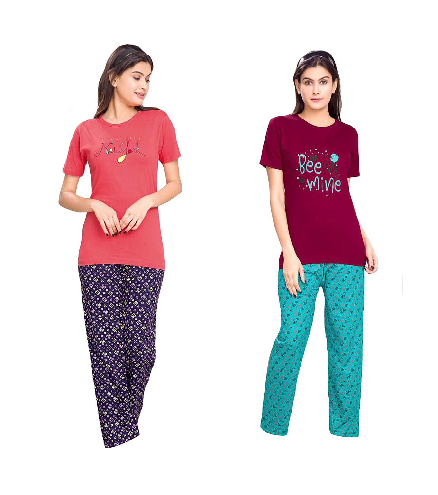 Vinayaga Designs T-Shirt with Pants Set Night Suit Dress for Girls & Women_(Multicolour)_(Combo Of 2) TR21