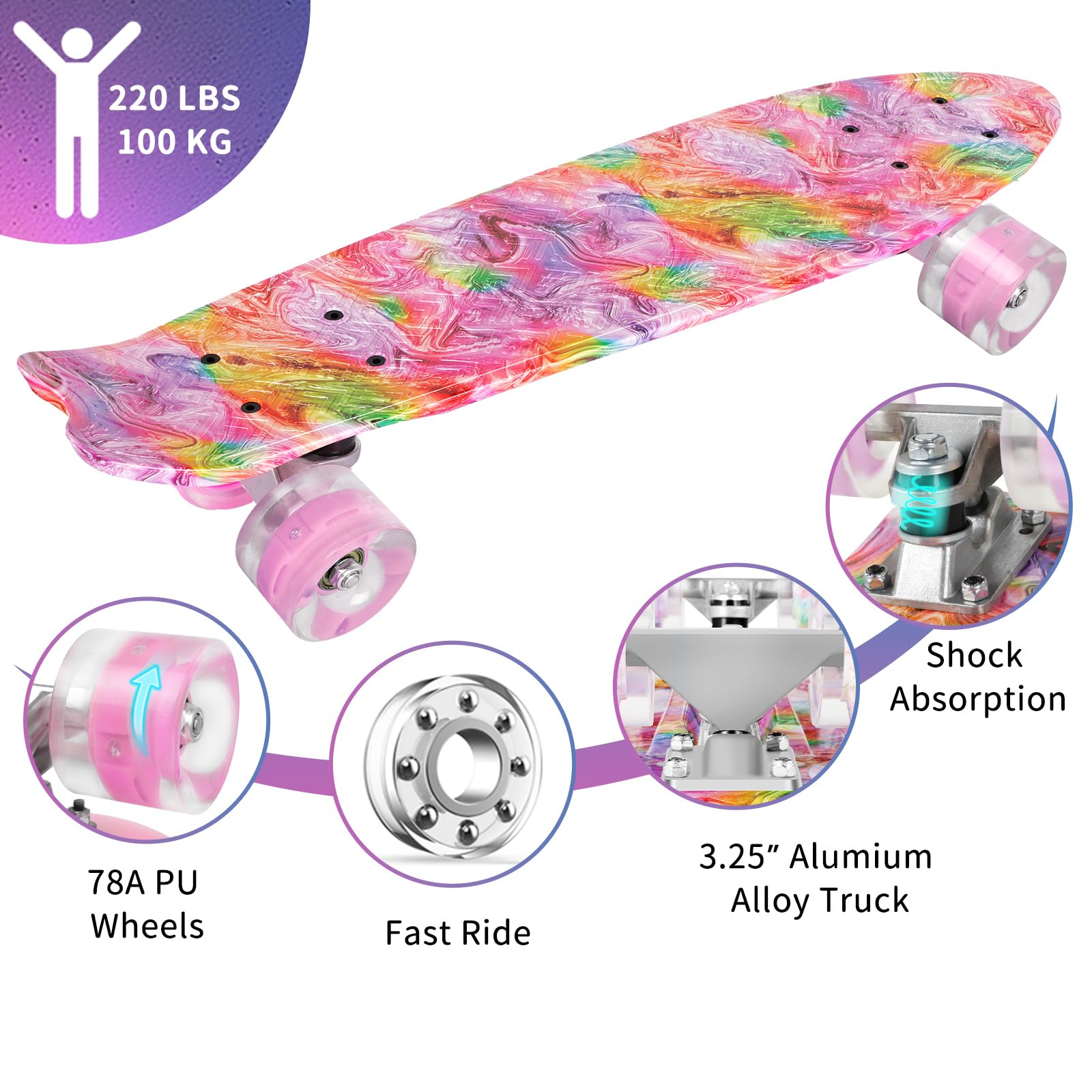 BELEEV Skateboard Cruiser da 55,9 cm per bambini, ragazzi, adolescenti, adulti, principianti, ruote luminose a LED, mini skateboard classico completo con attrezzo a T, carico massimo 99,8 kg