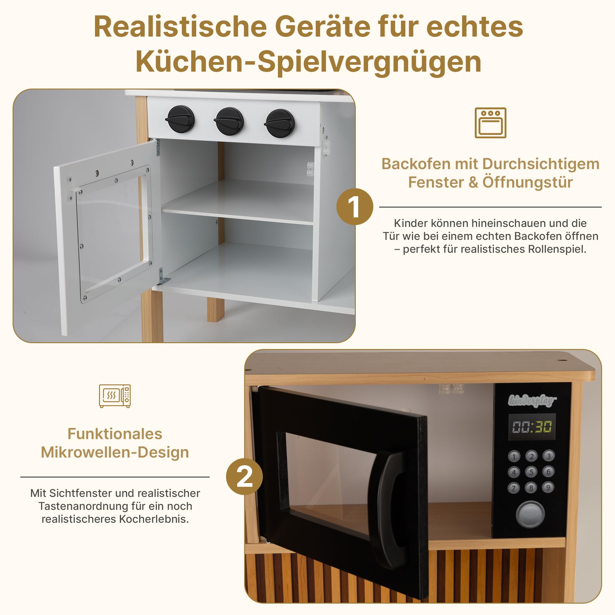 Kinderküche aus Holz mit Licht & Sound – Spielküche mit Zubehör, Herd, Backofen, Spüle, Mikrowelle – Moderne Holzküche für Kinder ab 3 Jahren, GS0070