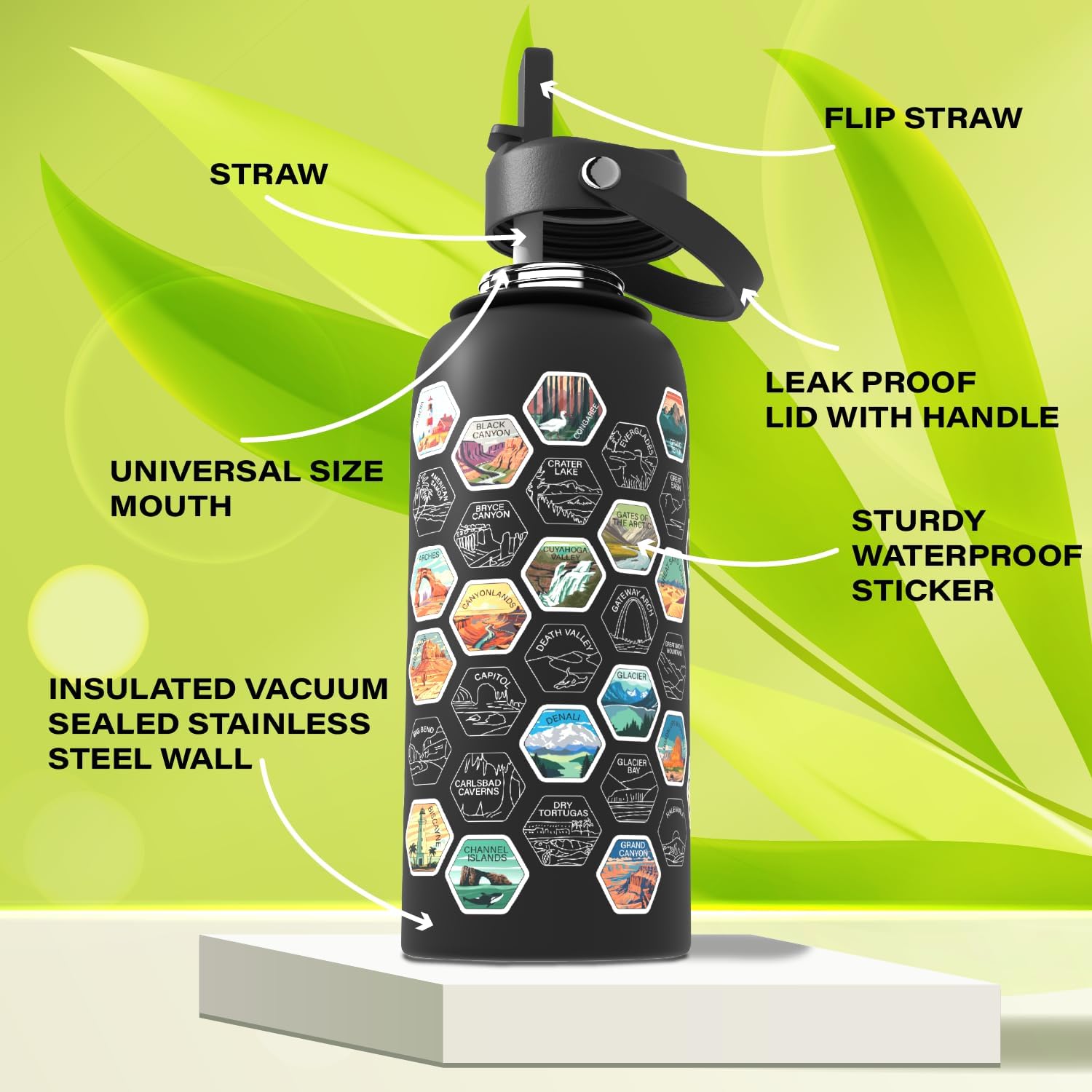 National Parks Water Bottle With Waterproof Stickers Wrap Around- Stainless Steel Insulated Vacuum Sealed 32 oz With Leak Proof Lid (National Park BLACK V2) - Image 2