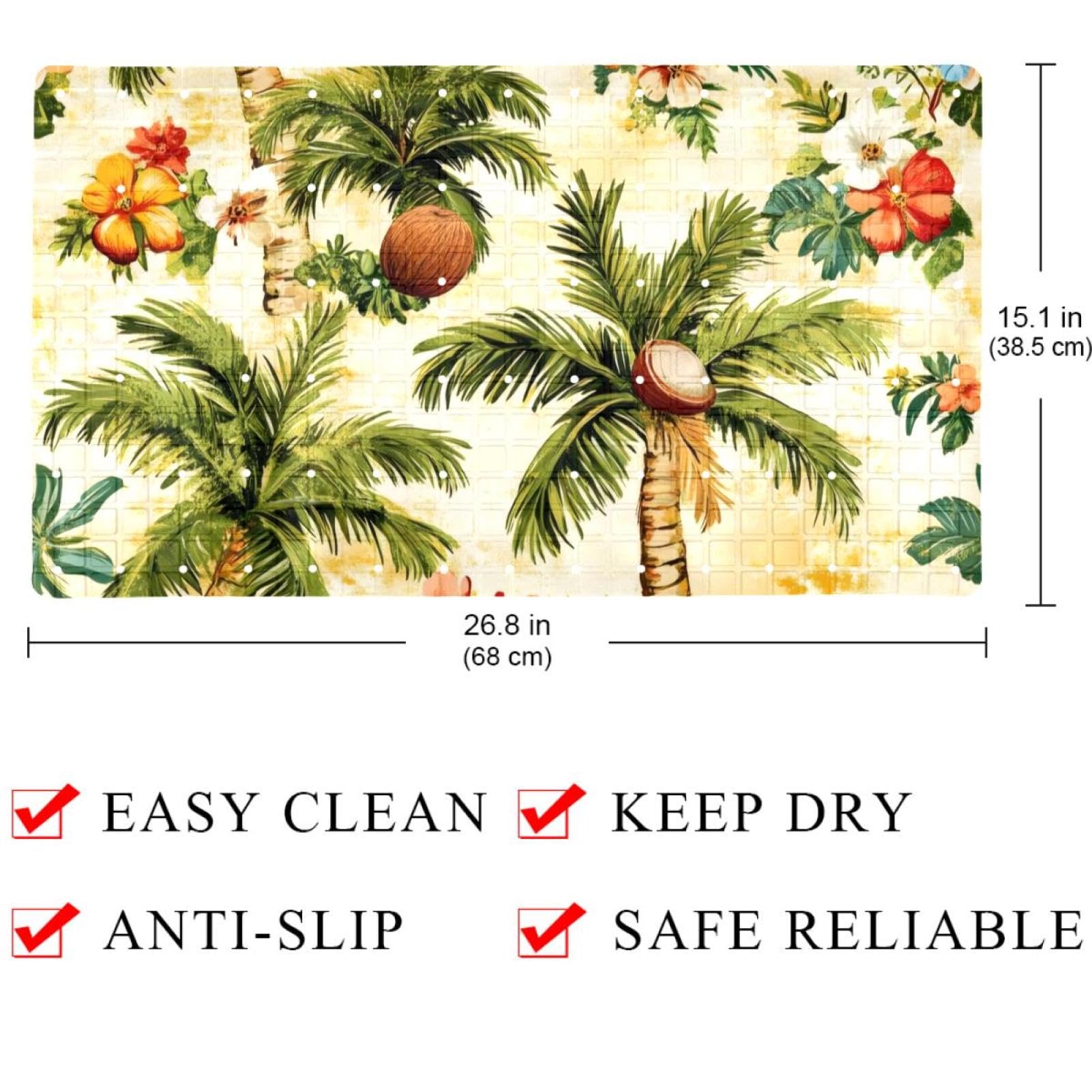 Badematte mit Saugnäpfen, Motiv: Sommerpalme, Kokosnuss und Wildblume, 39,9 x 70,9 cm, rutschfeste Badezimmermatten, maschinenwaschbar