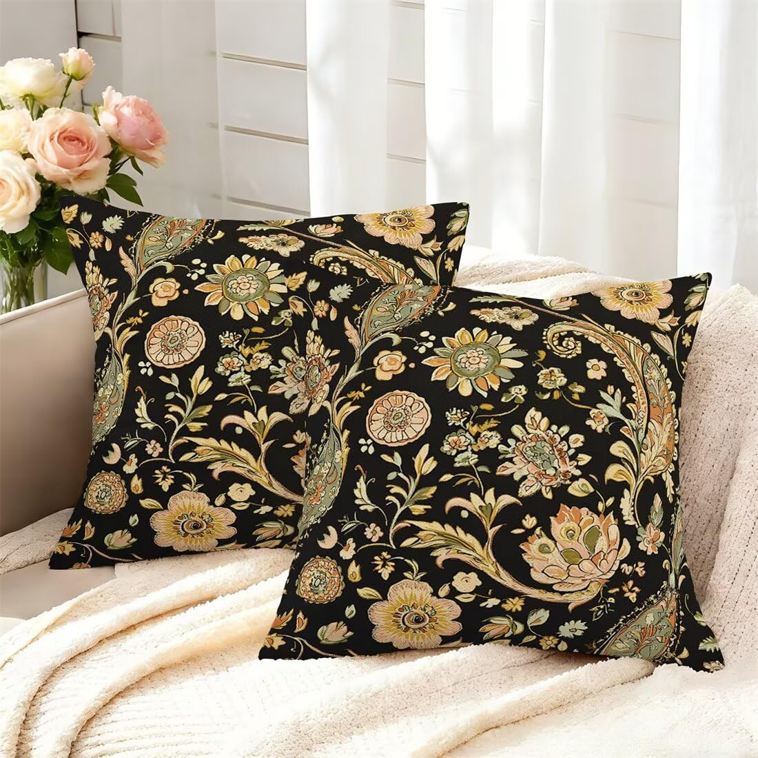 Housse de coussin boheme 45x45 cm aux motifs de botanique retro automne lot de 2