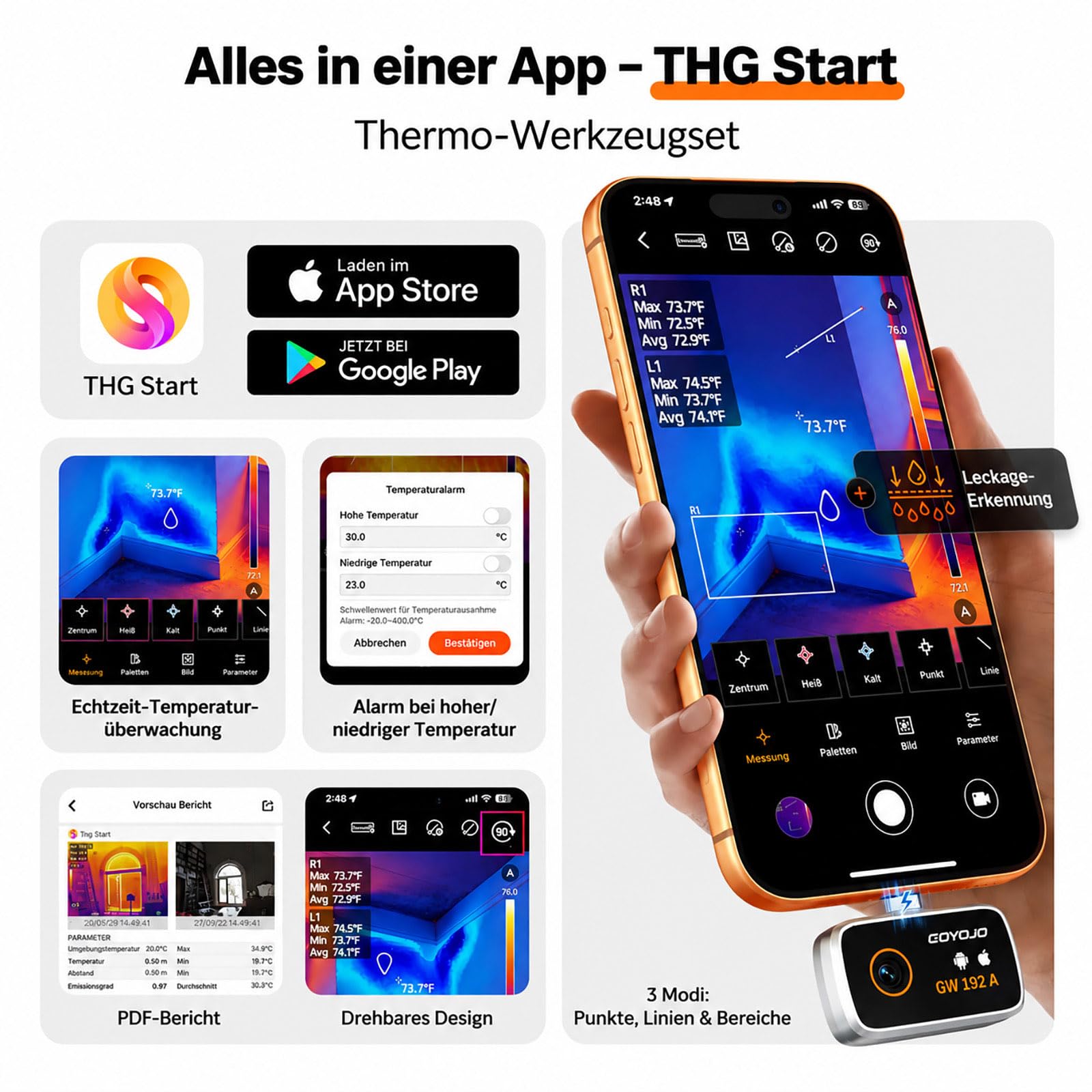 GOYOJO Wärmebildkamera Handy, 192 x 192 IR-Auflösung, Infrarotkamera für Android & iPhone 15/16/17, 50° Weitwinkel, -20 °C bis 400 °C, für Lecksuche, Hausinspektion, Elektroprüfung & Kfz-Diagnose
