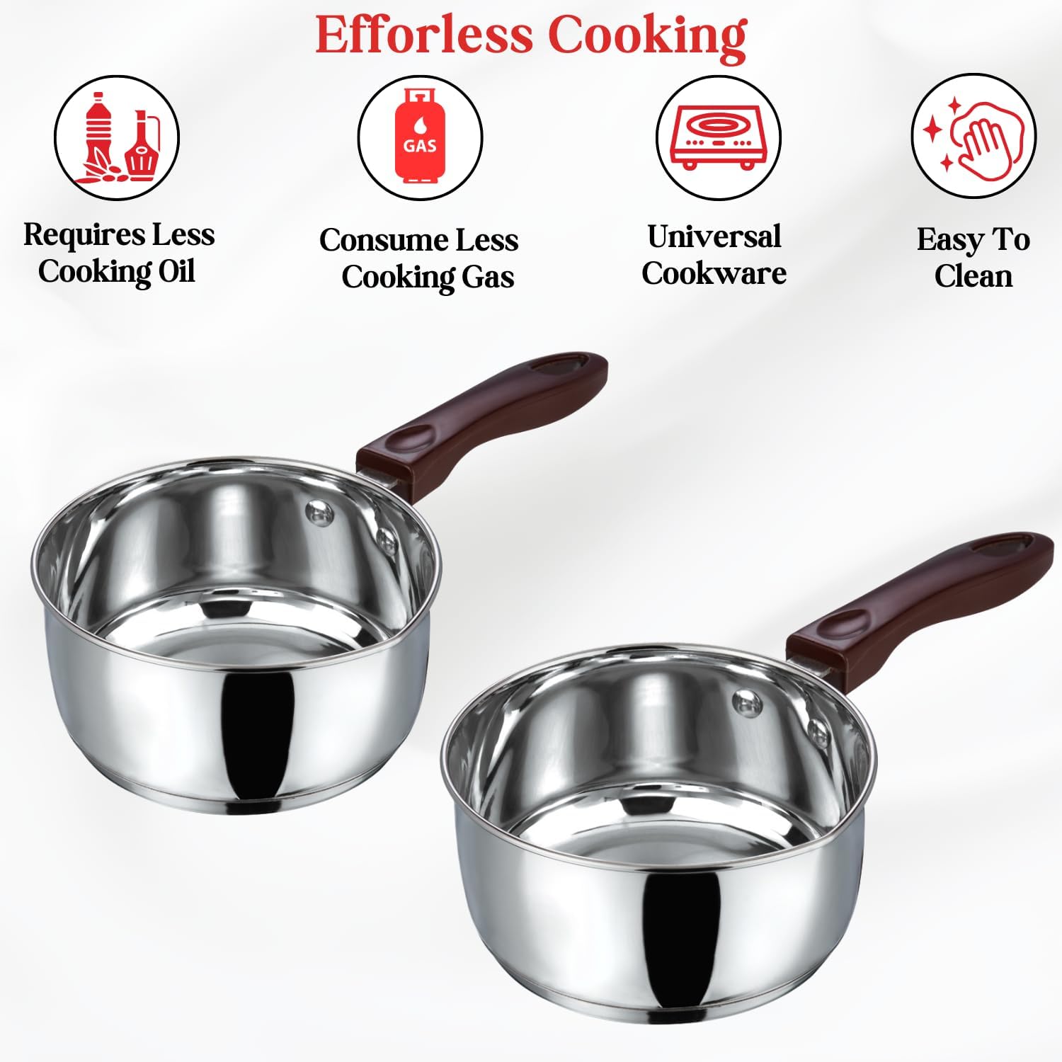 Vinod Stainless Steel Milkpan/Saucepan Set of 2-1 Litre and 1.6 Litre,Tea/Chai Pan,Riveted Sturdy Bakelite Handle,Induction and Gas Base
