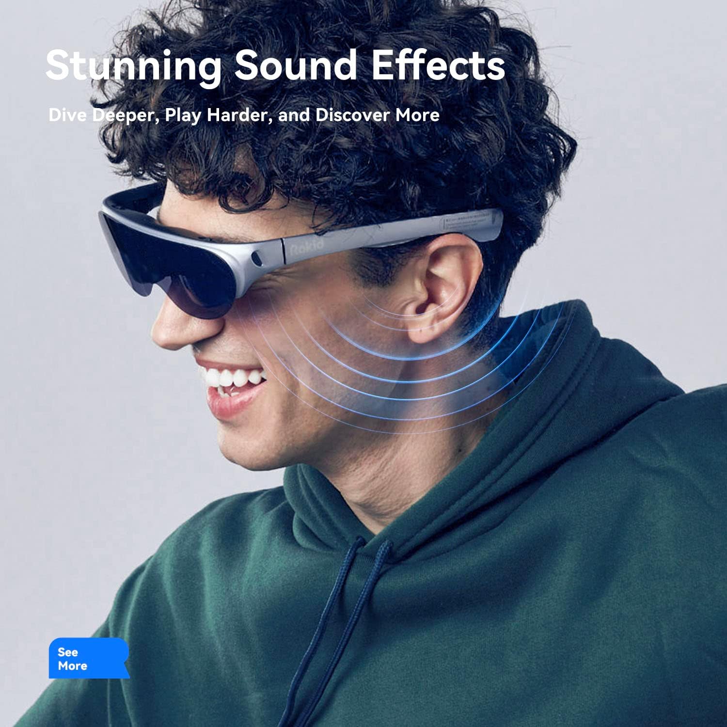 Person wearing Rokid Air glasses, with sound waves emanating from the temples, illustrating stunning sound effects.