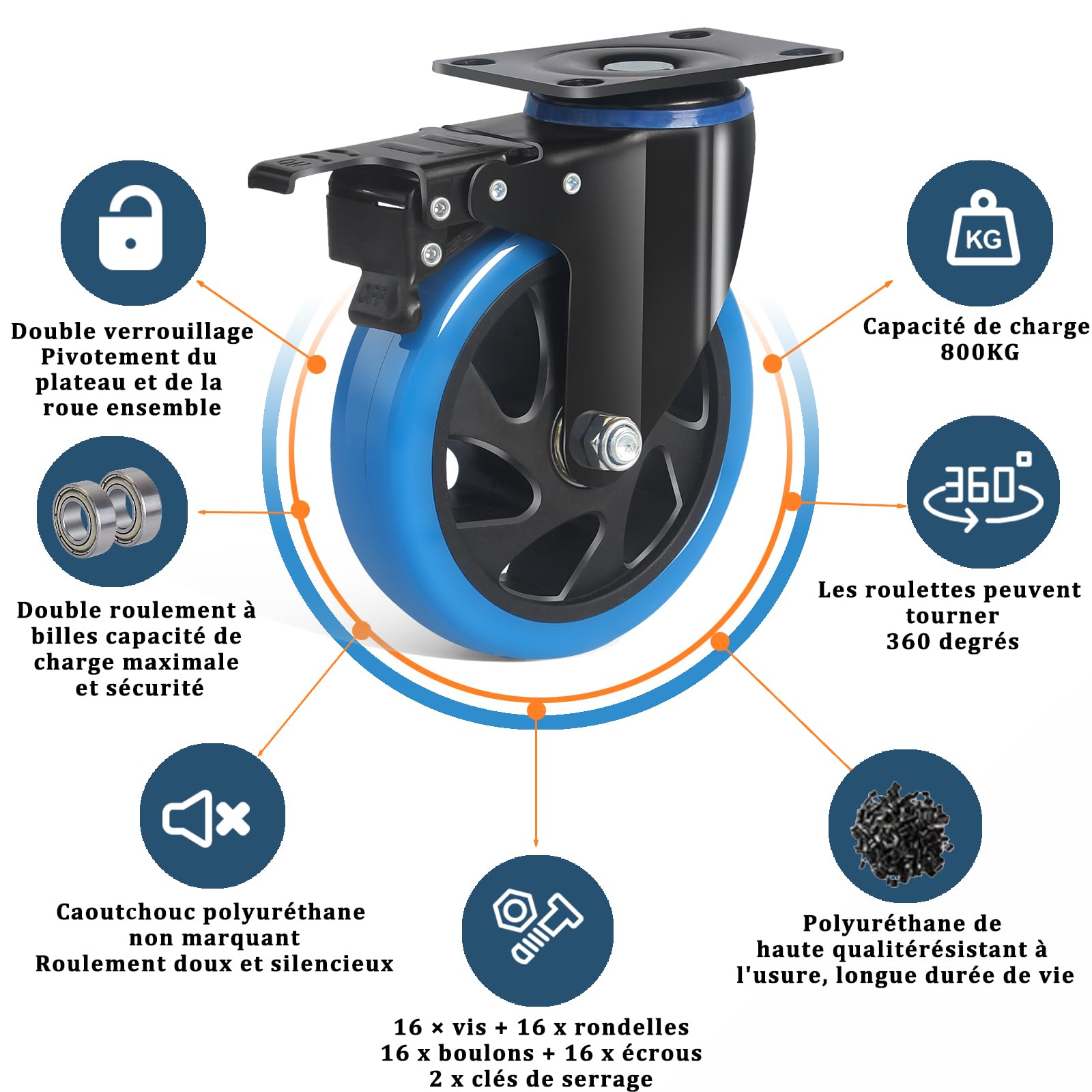 CPROSP Zware wielen met rem 152 mm, zwenkwielen 800 kg draagkracht, transportwielen roestvrij staal outdoor, meubelwielen set van 4