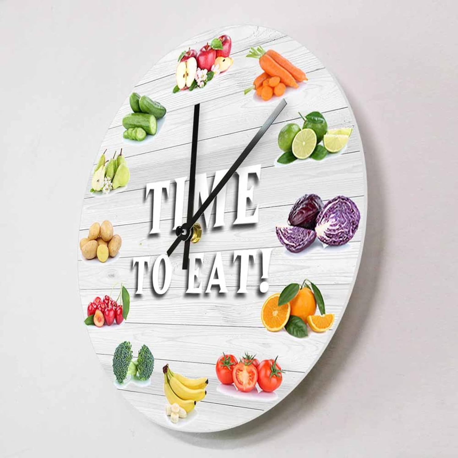 30cm Wall Art Print Wall Clock Time to Eat Your Fruits and Vegetables Round Kitchen Wall Clock Healthy Lifestyle Veggies Artwork Timepieces Silent Quartz Clock for Modern Wall Decor
