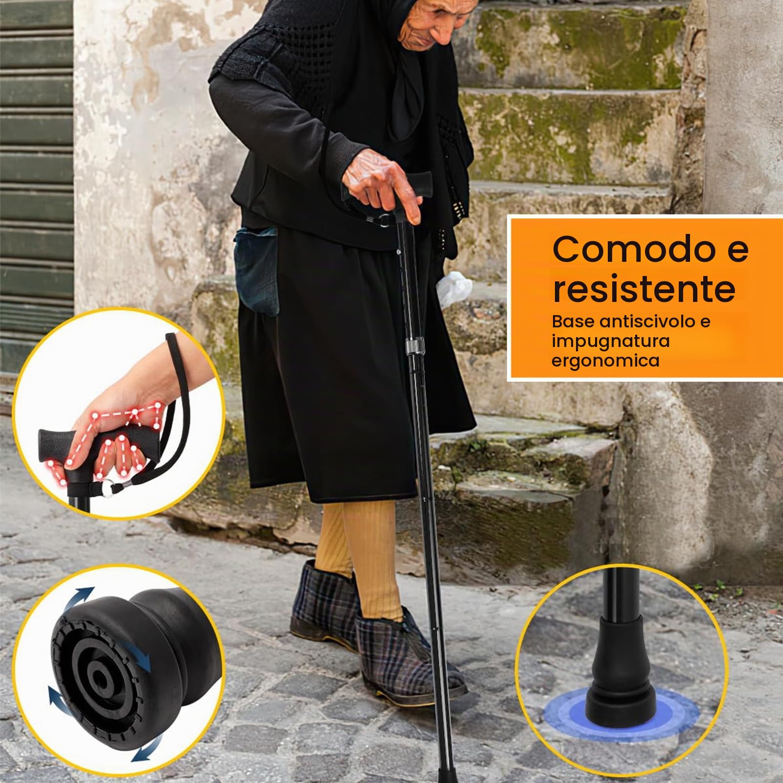 Bastone Passeggio Pieghevole Regolabile 82-92cm Luce LED Supporto 250kg Portata 5 Altezze Impugnatura Antiscivolo Anziani