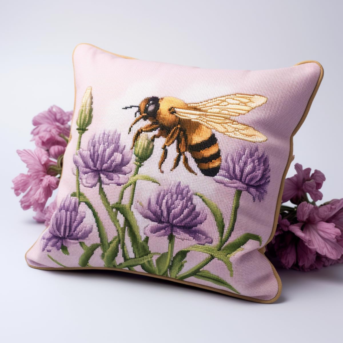 Taxpy DIY Stamped Pillow Latch Hook kit Bees and Flowers Latch Hook Cushion Kit Beginners Adults Teenager Gift Embroidery Home Decoration 17x17in