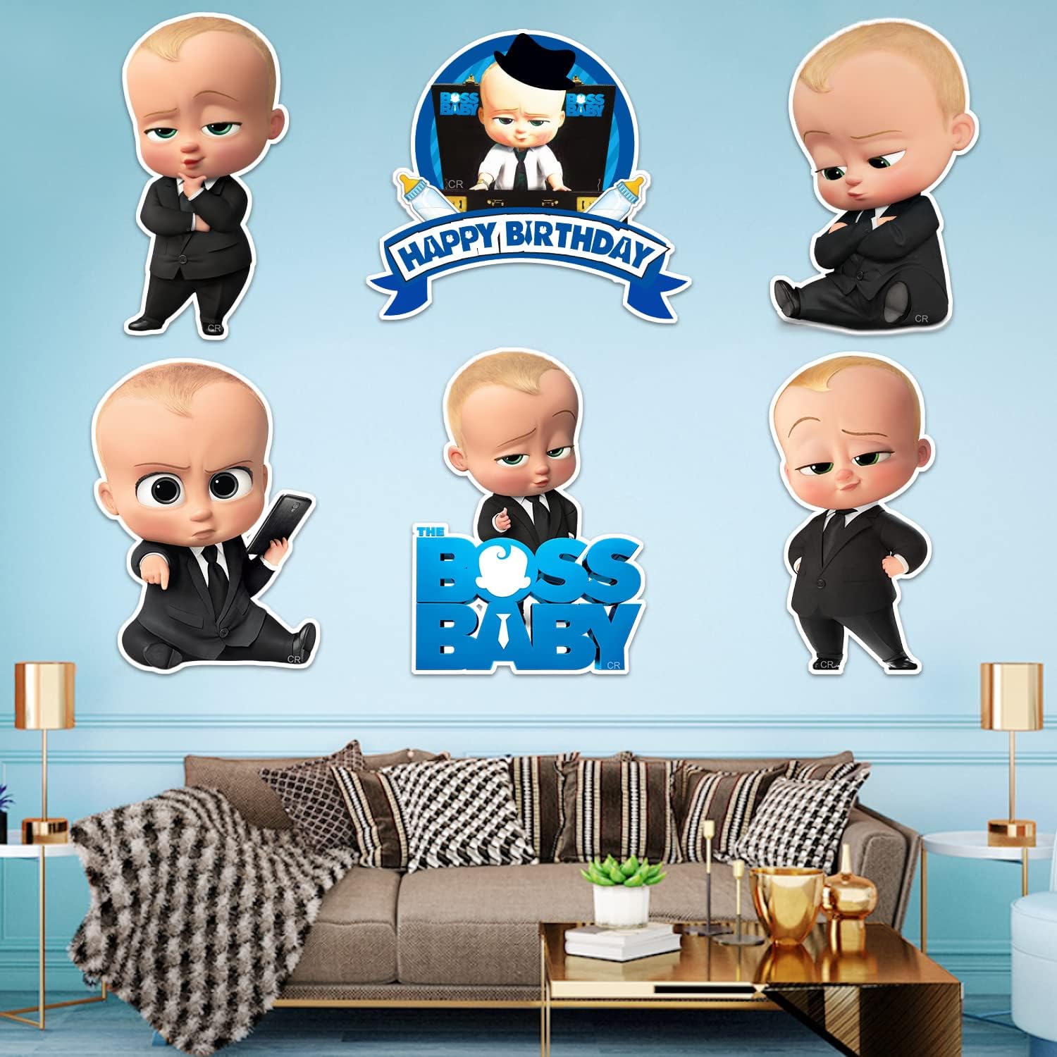 7 Piece Glue Boss Baby Happy Birthday Cardstock Cutout with Glue Dot for Kids Theme for Baby Shower Happy Birthday Decorations Supplies