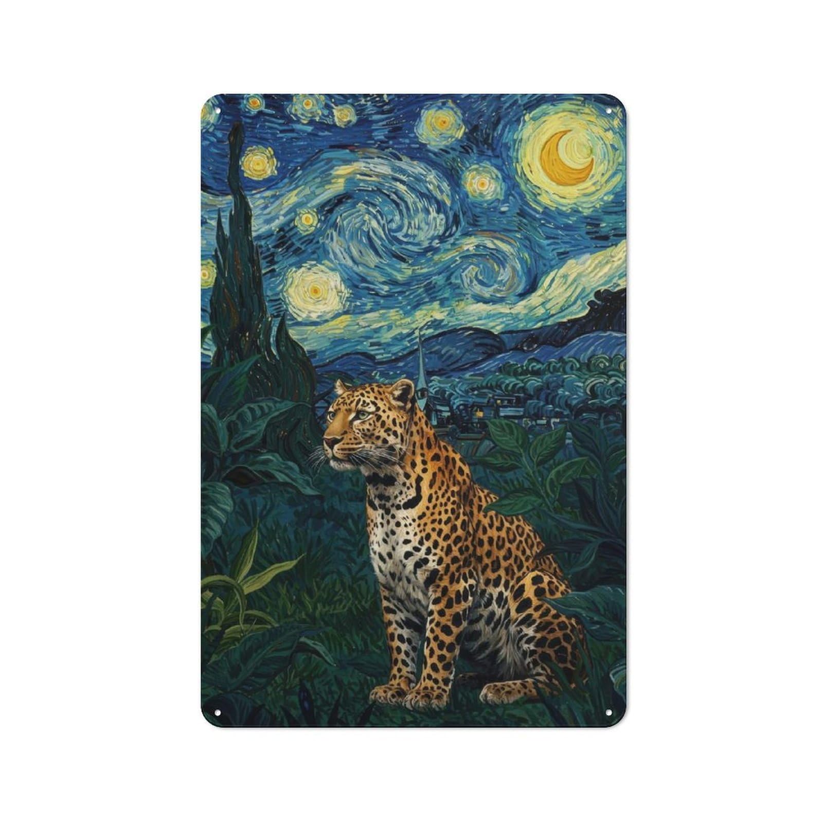 Junmoney Leopard In Starry Night Style Vintage Metal Wall Sign 30X20cm For Café Or Restaurant, For Metal Sign Collectors, For Garage And Workshop Walls