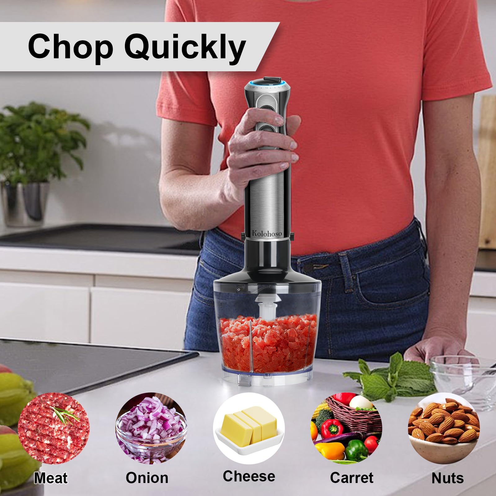 1500W Frullatore a Immersione 4 In 1 Professionale 20 Velocità e TURBO | Mixer Multifunzione in Acciaio Inox 304, Frusta, Tritatutto 500ml e Misurino 600ml, per Smoothie, Zuppe e Salse, Senza BPA