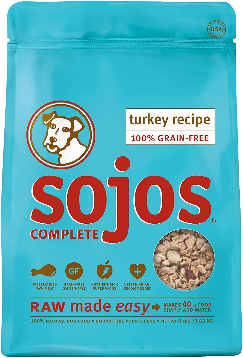 SOJOS Complete Grain Free Freeze-Dried Turkey Raw Natural Dry Dog Food Mix, 8-Pound Bag