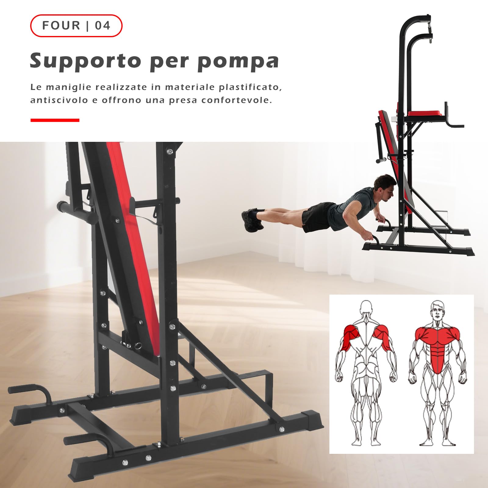 ISE Stazione per Dip e Trazioni, Power Tower Stazione Multifunzione Torre di Potenza Sbarra Trazioni con Panca Pieghevole per Palestra a Casa