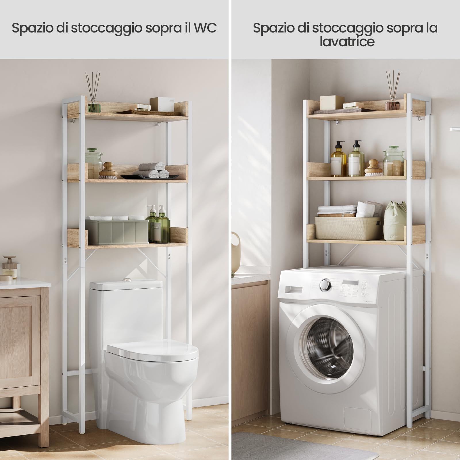EUGAD Mobiletto Bagno Salvaspazio, Scaffale Lavatrice con 3 Ripiani, per Lavanderia, Bagno, Soggiorno, Balcone, Legno e Metallo, Rovere Chiaro+Bianco, 63x25x166,5 cm