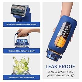 SIEROZUR 52oz Glass Water Bottle with Straw and Handle Lid Half Gallon Motivational Glass Bottle with Silicone Sleeve and Time Marker Large Reusable Sports Water Jug for Gym Home Workout