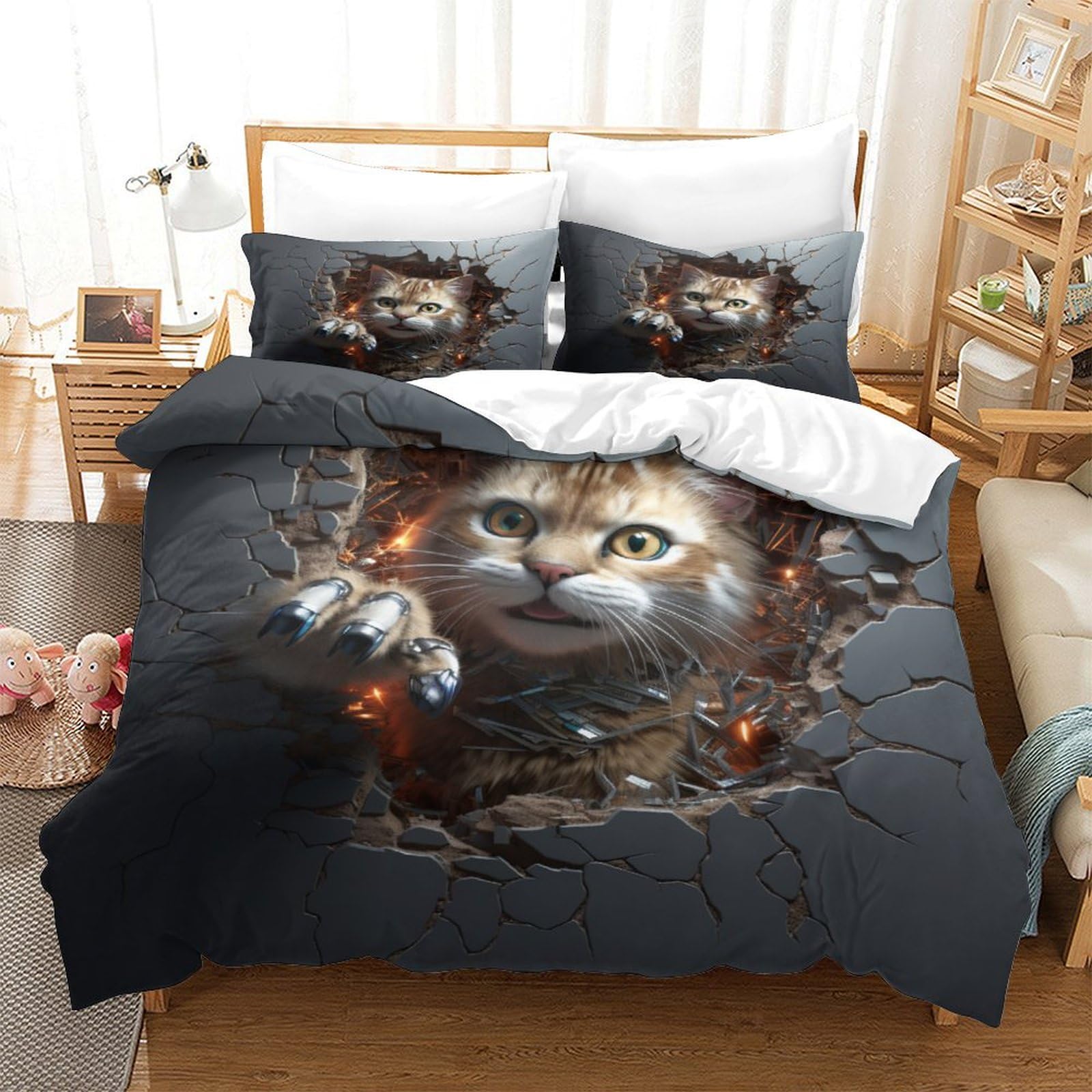 P1S9U7W5Y Breakthrough Cat 3D Printed Microfiber 3pcs Cat Duvet Cover Set Bedding King