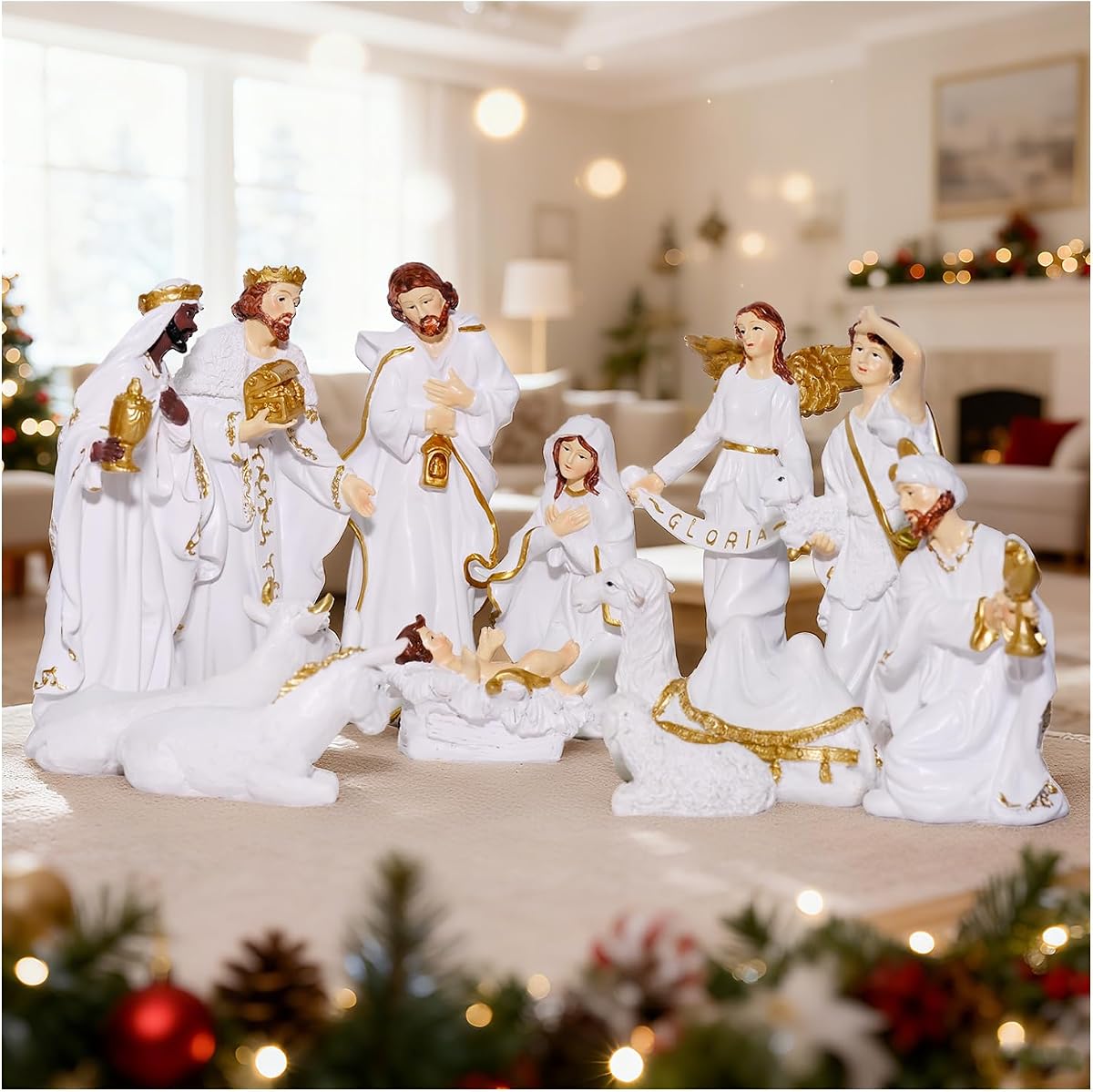 Juego de Natividad para Navidad, 12 Uds., escena de pesebre blanco, figuras de resina de la Sagrada Familia, decoraciones de interior católicas de 8 pulgadas