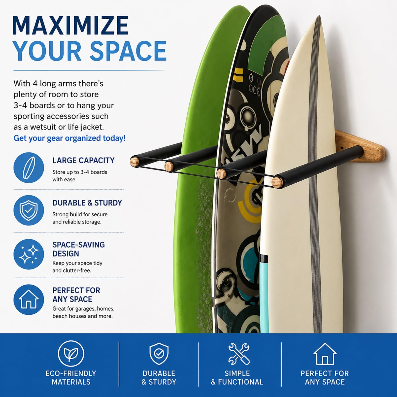 Soporte Vertical for Tabla de Surf, 4 Brazos (3 a 4 Tablas), Madera Dura Sostenible, Soporte de Pared for Surfboard for Shortboard, Skateboard y Wakeboard
