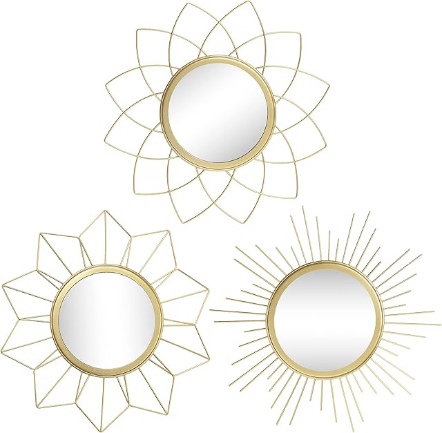 Metal Gold Mirrors for Wall Decor, Set of 3 Wall Mirrors for Home & Room Decor, Mirror Wall Decorations for Living Room, Bedroom & Bathroom, Modern Decorative Mirrors, Gifts for Female & Moms (MW009)