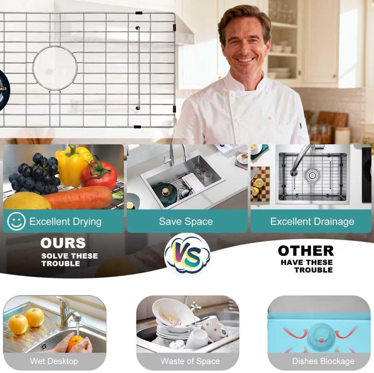 Stainless Kitchen Sink Protector - S304 Sink Grids for Bottom of Kitchen Sink, 26" x 14" with Center Drain for Single Bowl Kitchen Sink with Corner Radius