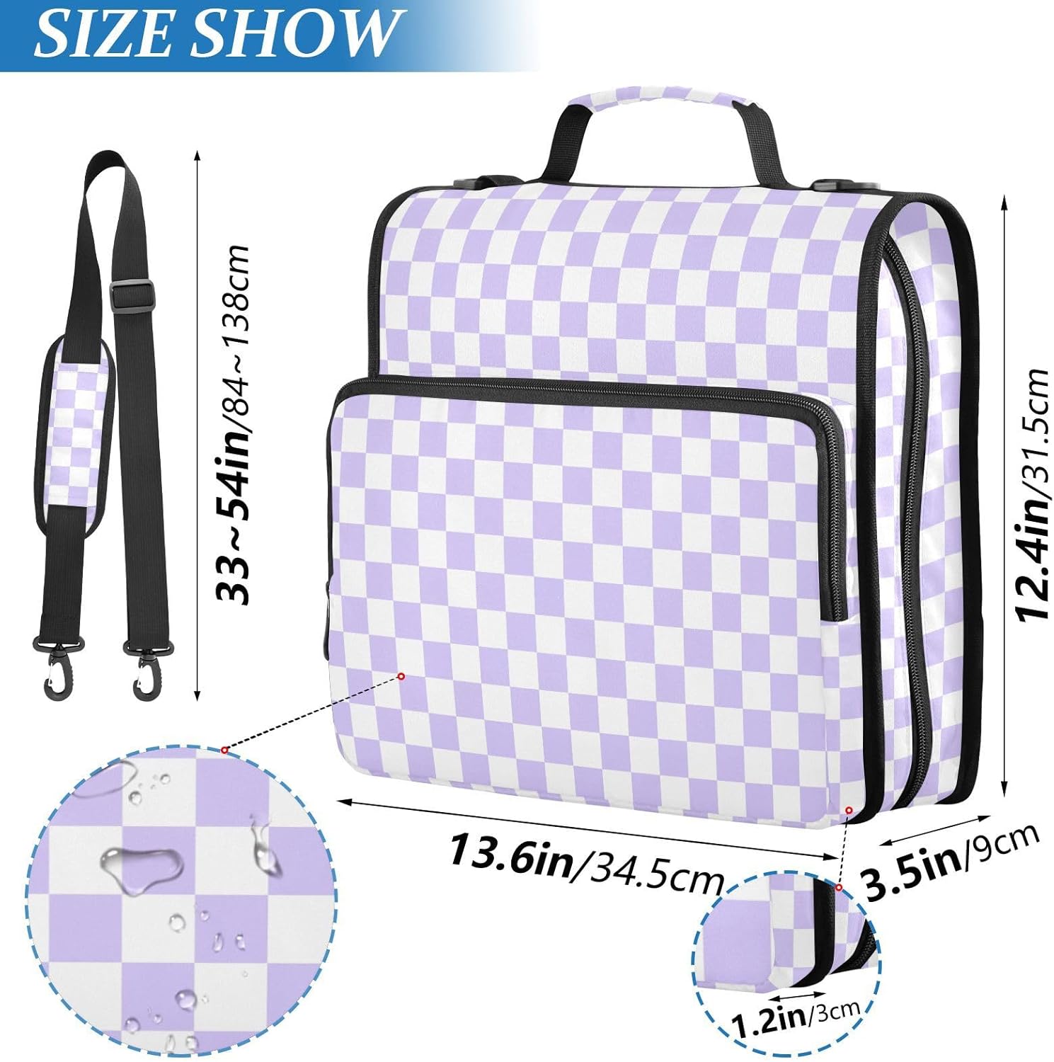 Lavender Purple White Checkered Binder Bag 3 Ring Zipper Binders with Shoulder Strap for School Office Organizer Storage