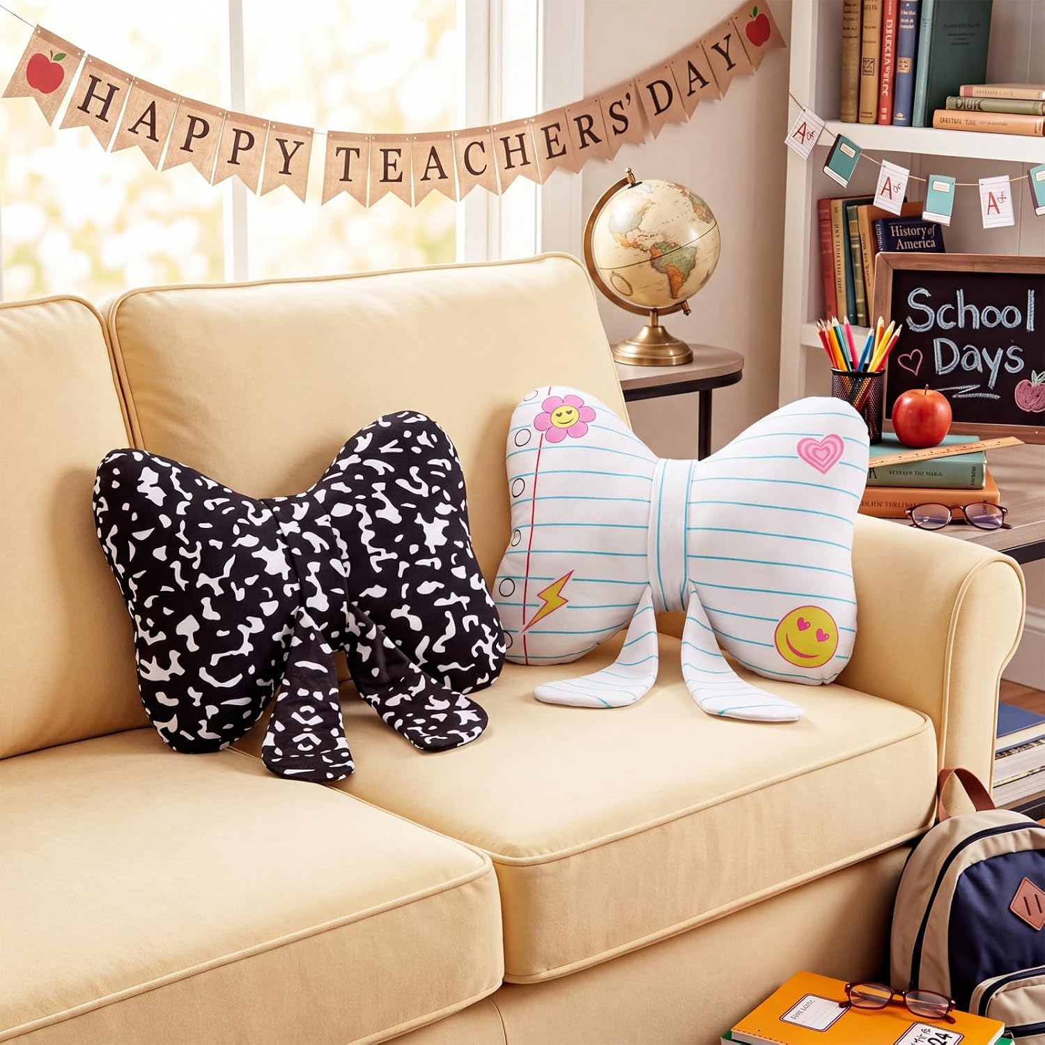Leinuosen 2 Pcs Composition Notebook Bow Pillows Back to School Decoration | Notebook Line Bow Lumbar Pillow, Classroom Reading Room Sofa Couch Decor, First Day of School Student Teacher Birthday Gift