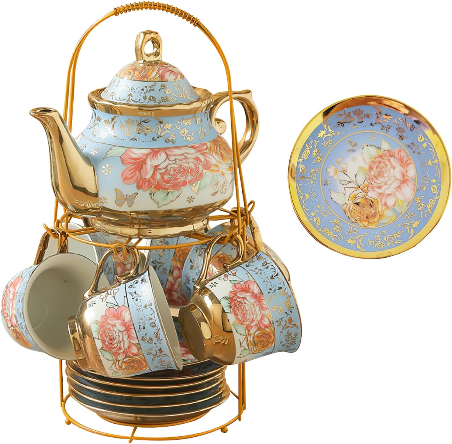 20 Pcs Porcelain Tea Set With Metal Holder,European Ceramic Tea Party Set for Adults,700ml Teapot,Beautiful Tea Cup Gift Sets for Home&Party (Sky-blue)