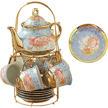 20 Pcs Porcelain Tea Set With Metal Holder,European Ceramic Tea Set for 6,700ml Teapot,Beautiful Tea Cup Gift Sets for Home&Party Sky-blue