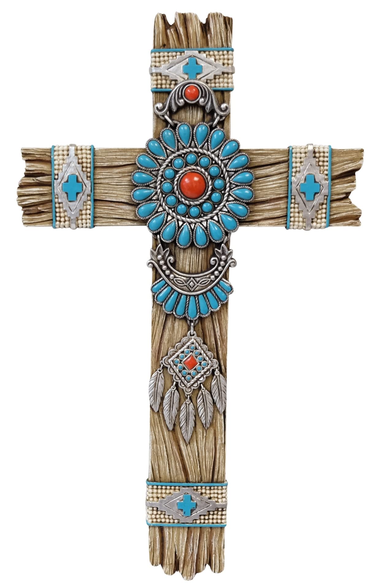 De Leon Collections Ciondolo in finto legno turchese con piuma acchiappasogni accento appeso decorazione da parete croce
