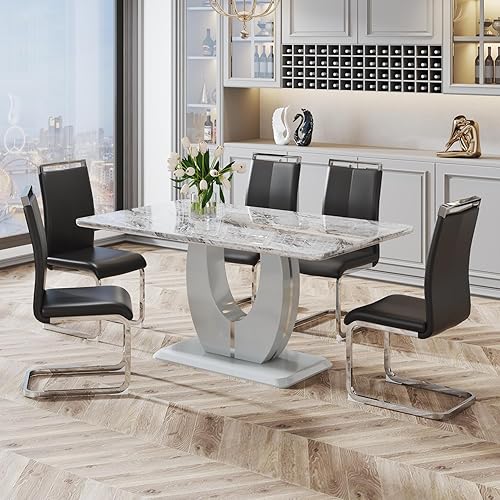 Miniatura 2 de JUFU Moderno juego de mesa de comedor para 6, juego de mesa de cocina rectangular con mesa de mármol sintético y 6 sillas tapizadas de piel