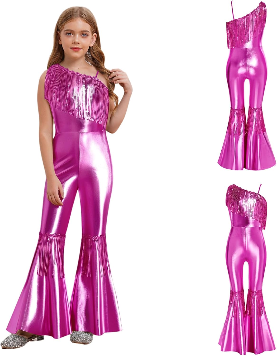 Choomomo Girl's Sparkly Metallic Jumpsuit Sequin Fringe Flare Leg Long Pants Romper Disco Dance Outfits