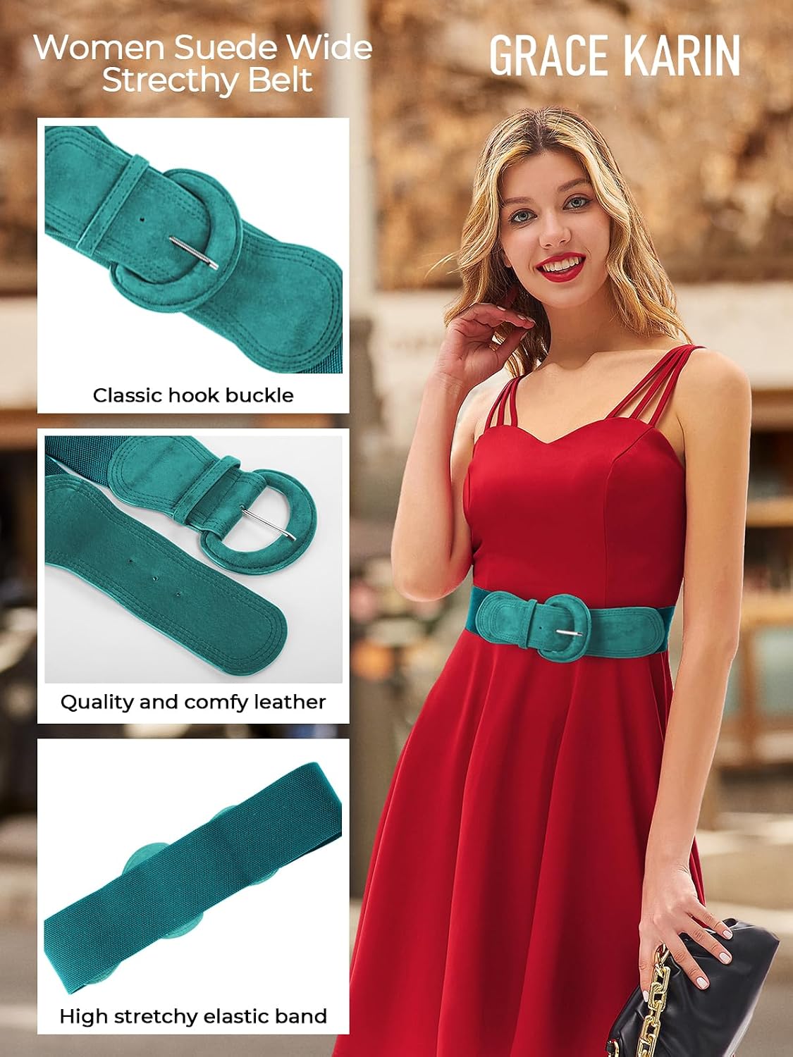 GRACE KARIN Wide Belt for Women, Suede Elastic Chunky Belts with Buckle image 2